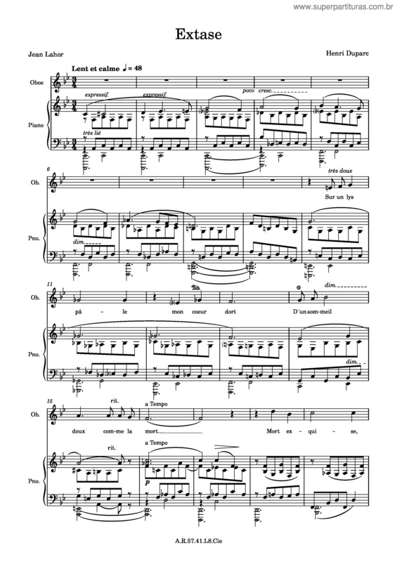 Partitura da música Duparc – Extase – High Voice