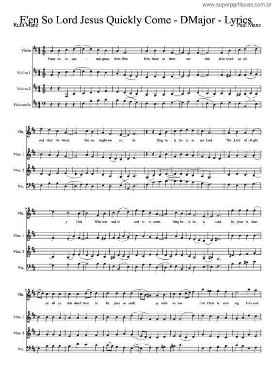 Partitura da música E`En So Lord Jesus Quickly Come – Dmajor – Lyrics