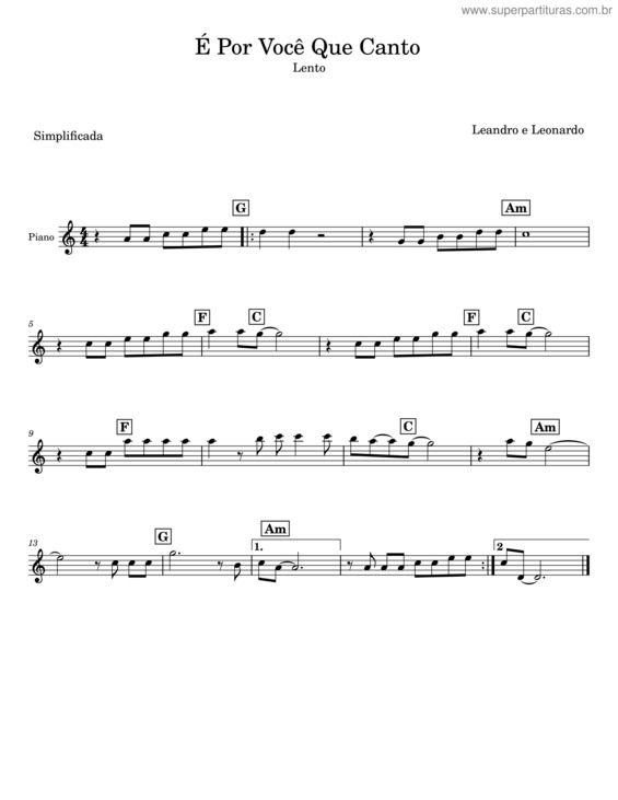 Partitura da música É Por Você Que Canto – Leandro E Leonardo