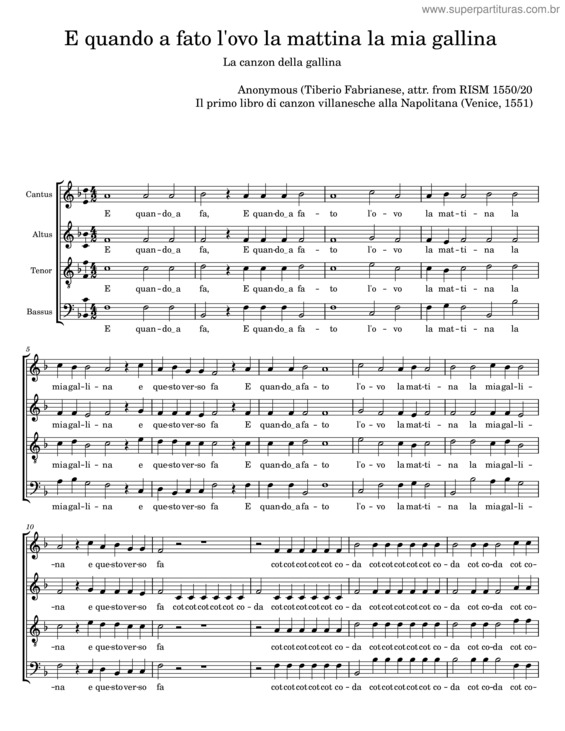 Partitura da música E Quando A Fato L`Ovo La Mattina La Mia Gallina – Anonymous