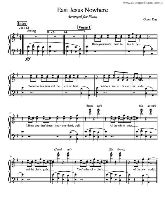 Partitura da música East Jesus Nowhere – Green Day