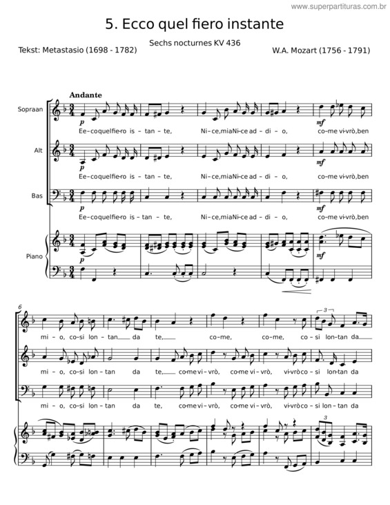 Partitura da música Ecco Quel Fiero Instante – W. A. Mozart