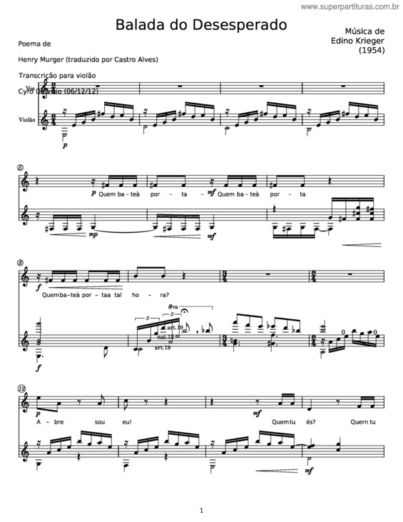 Partitura da música Edino Krieger – Balada Do Desesperado