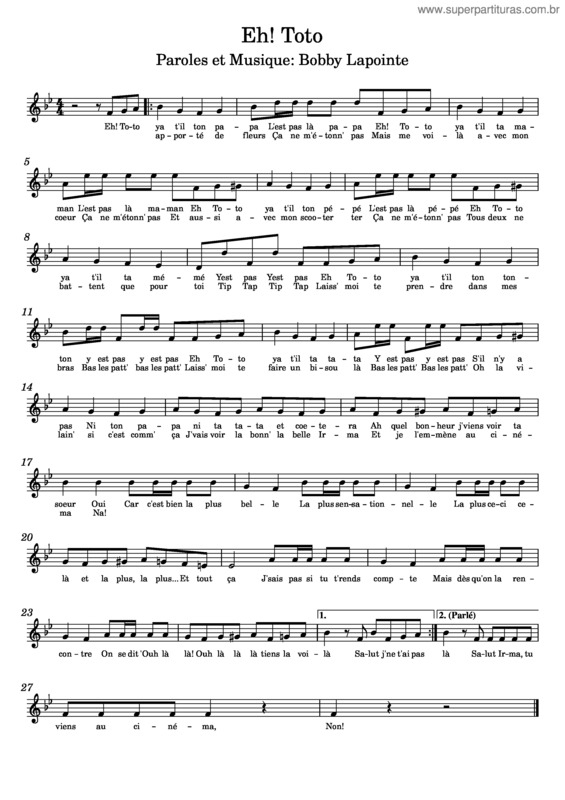 Partitura da música Eh Toto – Bobby Lapointe