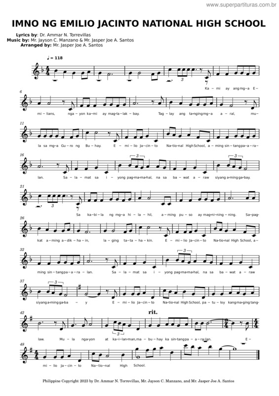 Partitura da música Ejnhs Hymn – Dr. Ammar N. Torrevillas, Mr. Jayson C. Manzano, And Mr. Jasper Joe A. Santos