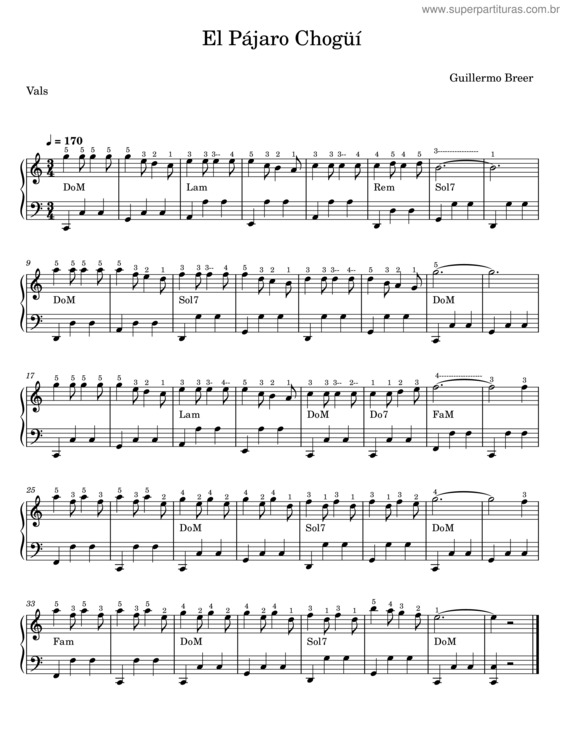 Partitura da música El Pájaro Chogüí – Guillermo Breer
