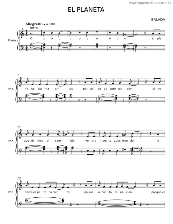 Partitura da música El Planeta – Balada