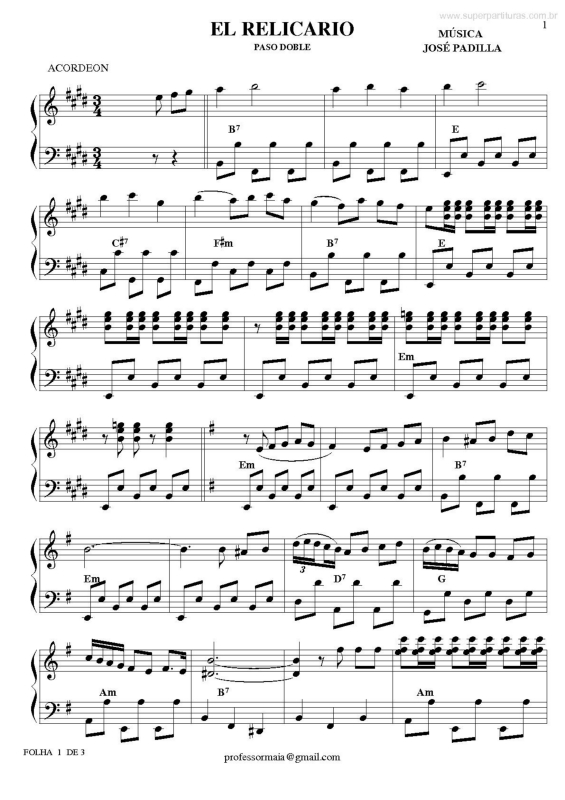 Partitura da música El Relicario