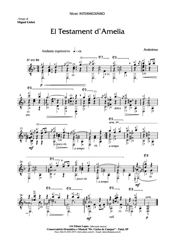 Partitura da música El Testament D`Amelia