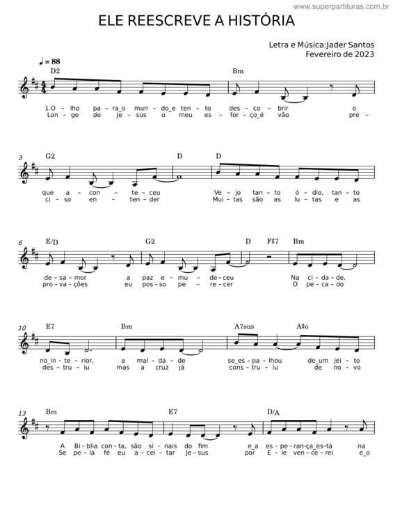 Partitura da música Ele Reescreve A História – Jader Santos