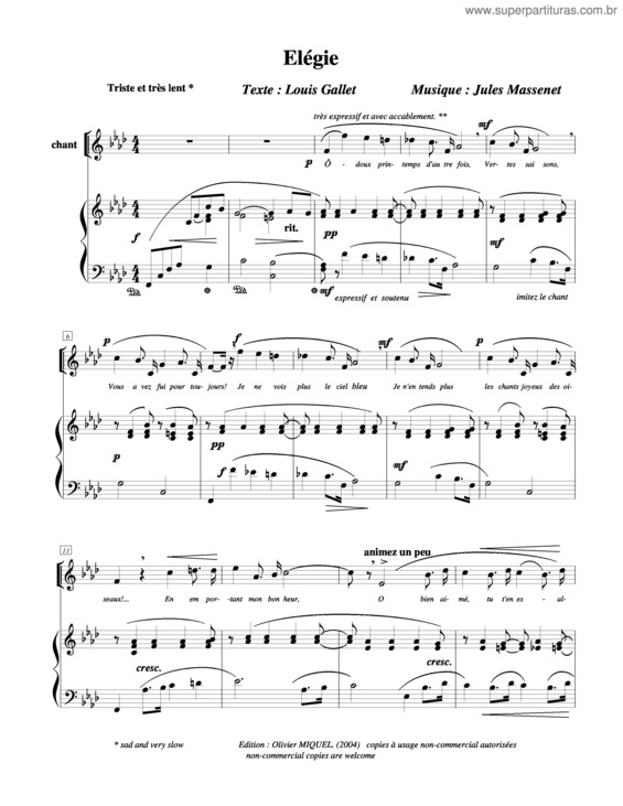 Partitura da música Élégie