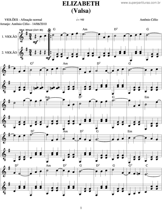 Partitura da música Elizabeth