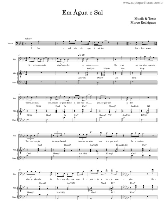 Partitura da música Em Água E Sal – Marco Rodrigues