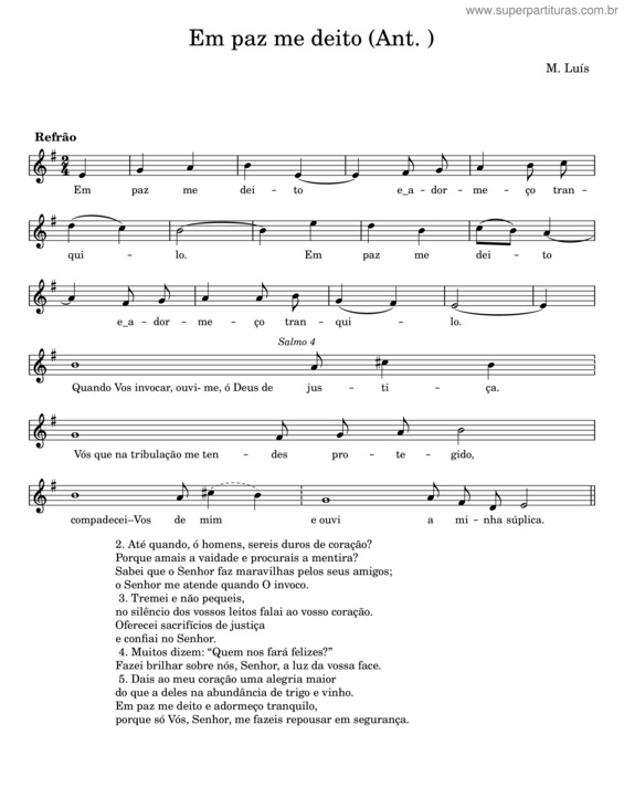 Partitura da música Em Paz Me Deito – M. Luís
