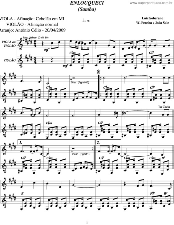 Partitura da música Enlouqueci