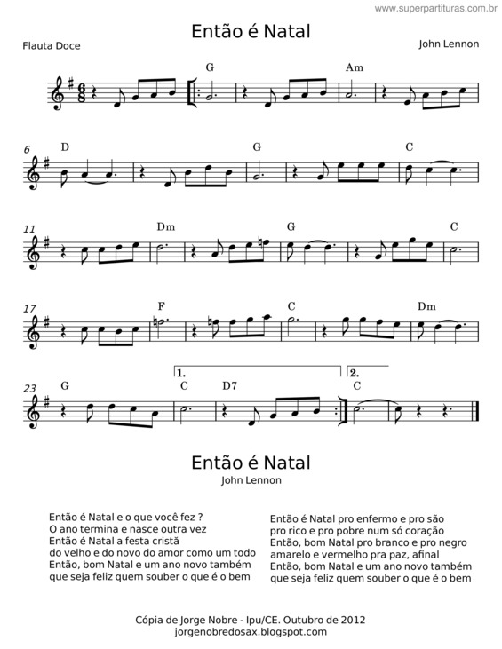 Partitura da música Então É Natal – John Lennon v.2