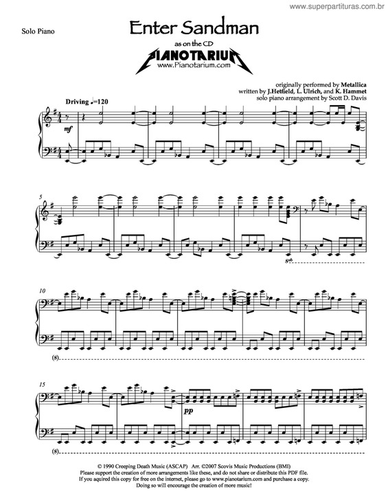 Partitura da música Enter Sandman