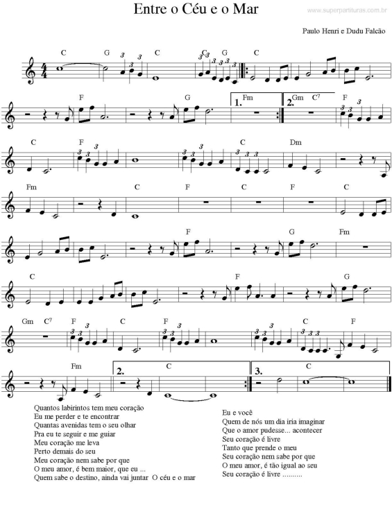 Partitura da música Entre o Céu e o Mar