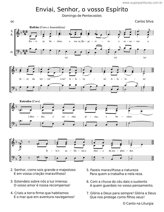 Partitura da música Enviai, Senhor, O Vosso Espírito – Carlos Da Silva