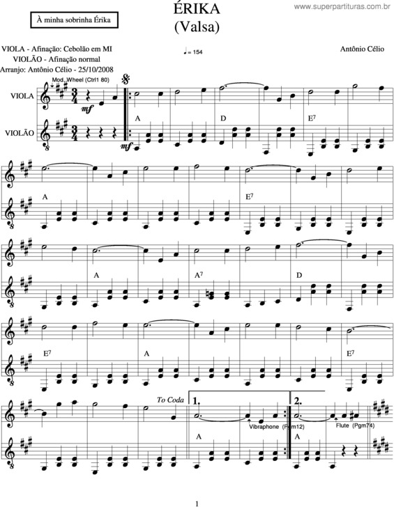 Partitura da música Érika