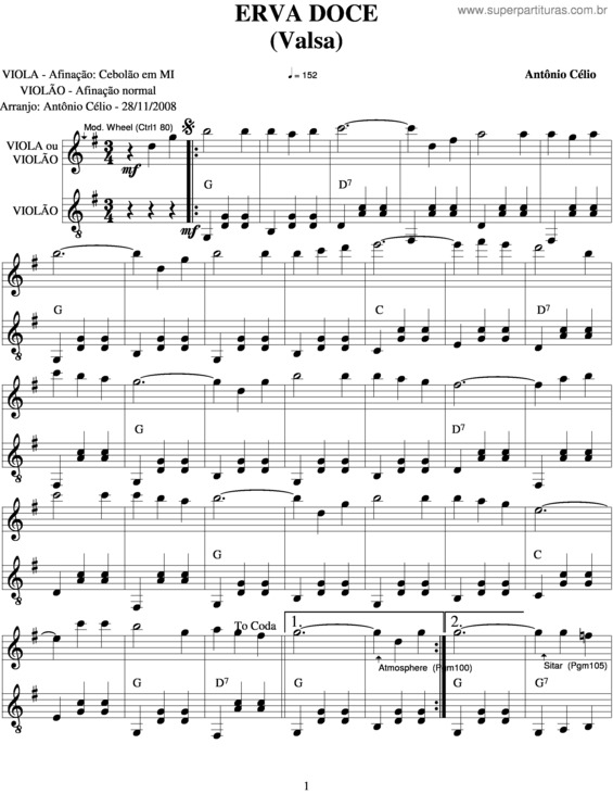 Partitura da música Erva Doce