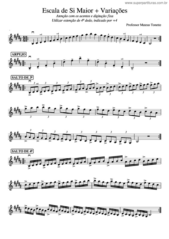 Partitura da música Escala De Si Maior + Variações