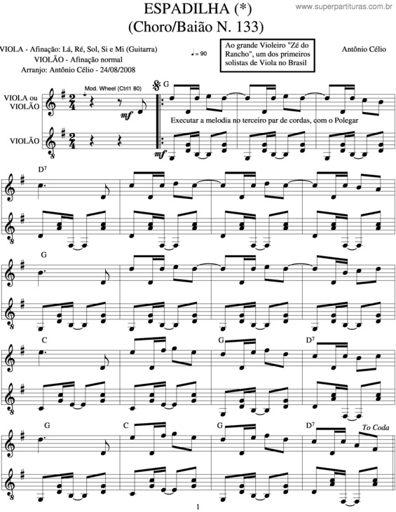 Partitura da música Espadilha