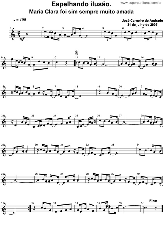 Partitura da música Espelhando Ilusão. Maria Clara Foi Sim Sempre Muito Amada.