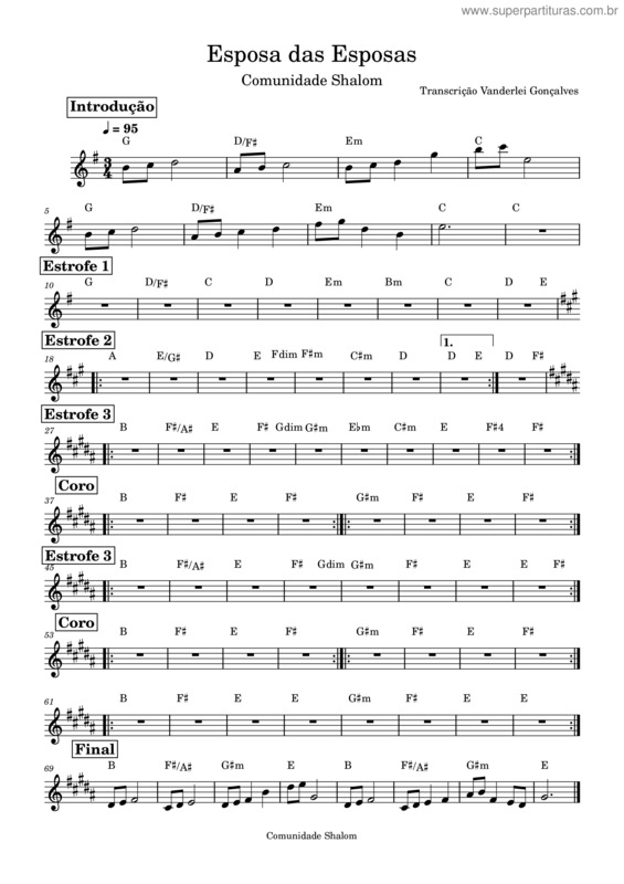 Partitura da música Esposa Das Esposas – Comunidade Católica Shalom – Cifra  E Partitura