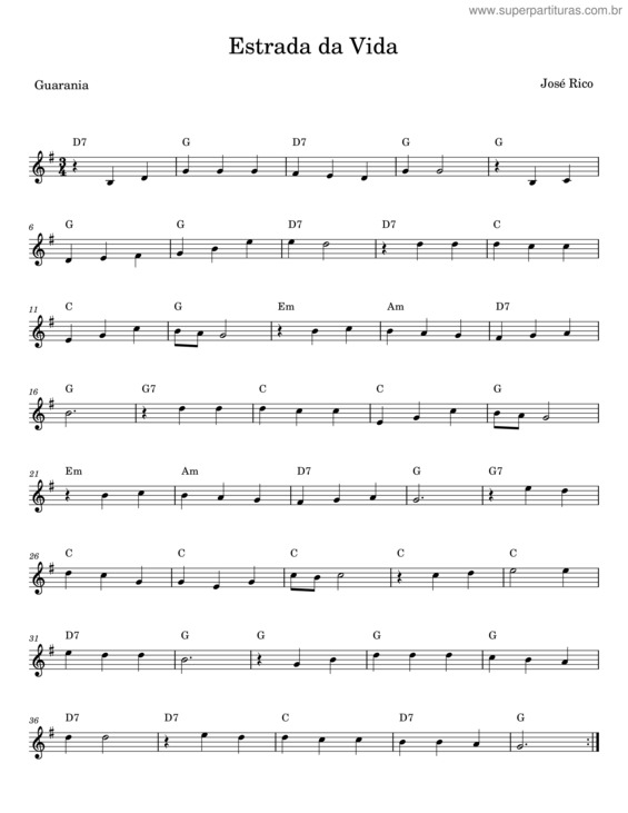 Partitura da música Estrada Da Vida – Milionário E José Rico v.5