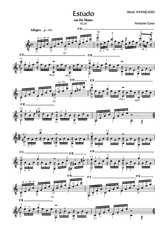 Partitura da música Estudo em Dó Maior (EL30)
