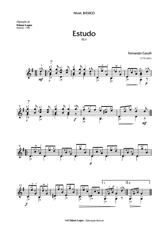 Partitura da música Estudo em Sol Maior