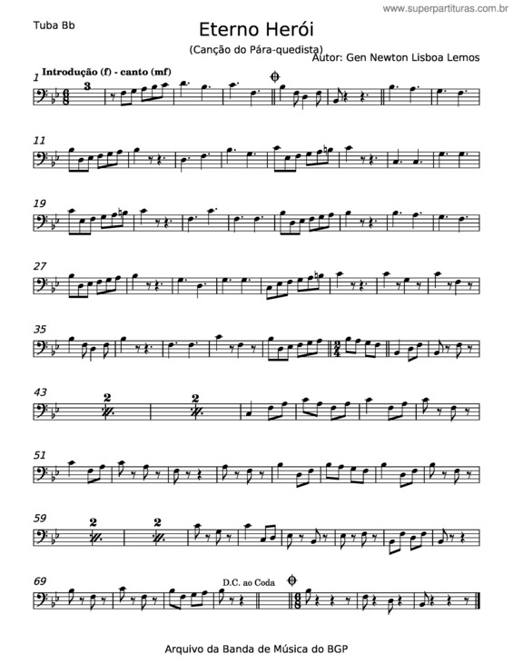 Partitura da música Eterno Herói – Gen Newton Lisboa Lemos