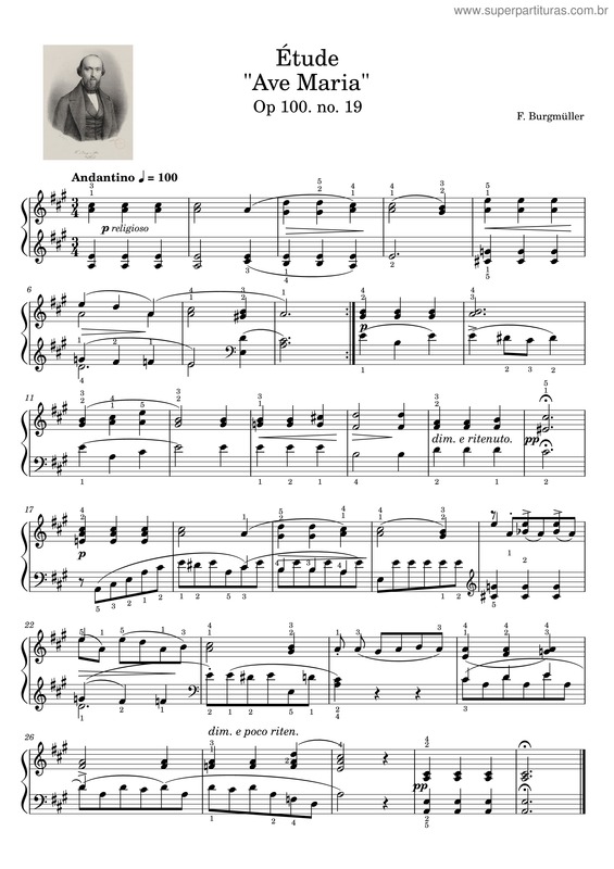Partitura da música Etude No. 19  Op. 100 Ave Maria – Friedrich Burgmüller Etude N°19  Op. 100 Ave Maria – Johann Friedrich Franz Burgmuller