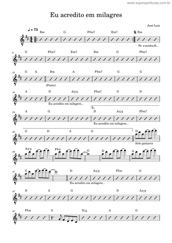 Partitura da música Eu Acredito Em Milagres – José Luiz