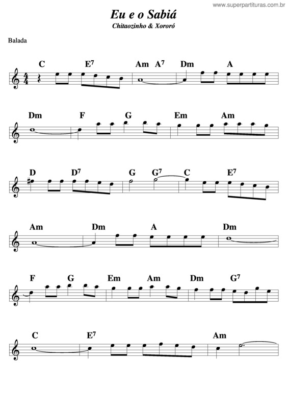 Partitura da música Eu e o Sabiá