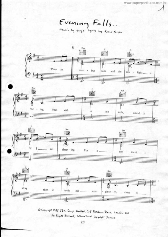 Partitura da música Evening Falls