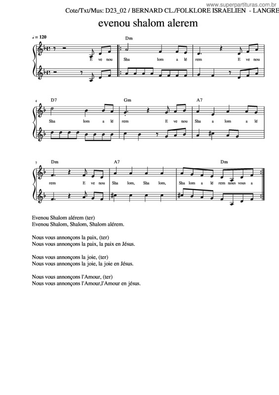 Partitura da música Evenou Shalom Aleichem–D23 02–Dp–Sa
