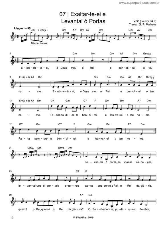 Partitura da música Exaltar–Te–Ei Levantai Ó Portas – Vencedores Por Cristo