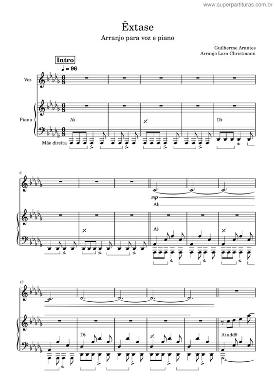 Partitura da música Êxtase – Guilherme Arantes – Arranjo Para Voz E Piano