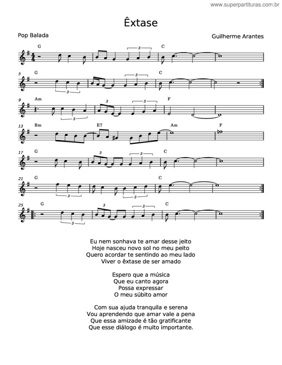 Partitura da música Êxtase – Guilherme Arantes