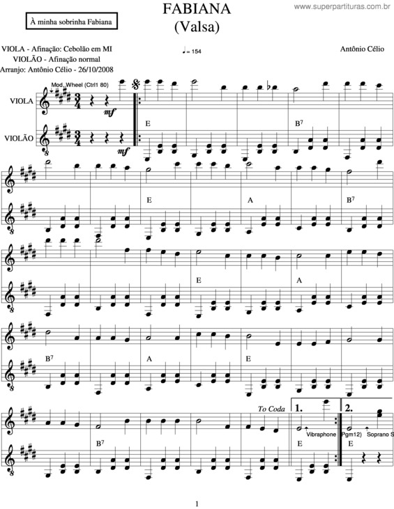 Partitura da música Fabiana v.2