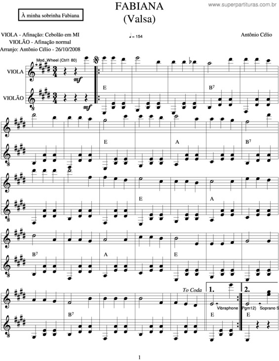 Partitura da música Fabiana v.2