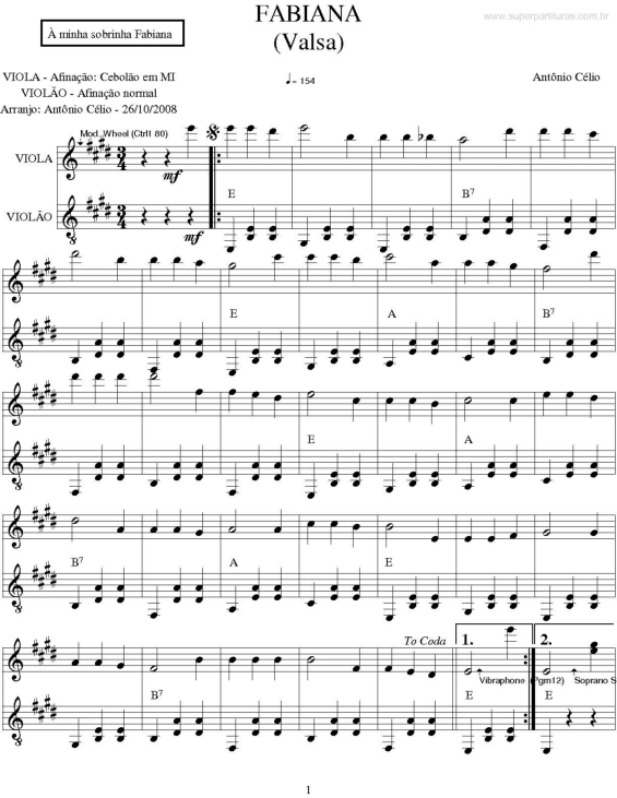 Partitura da música Fabiana