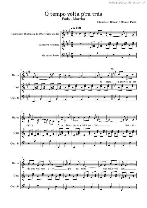 Partitura da música Fado – Ó Tempo Volta P`Ra Trás