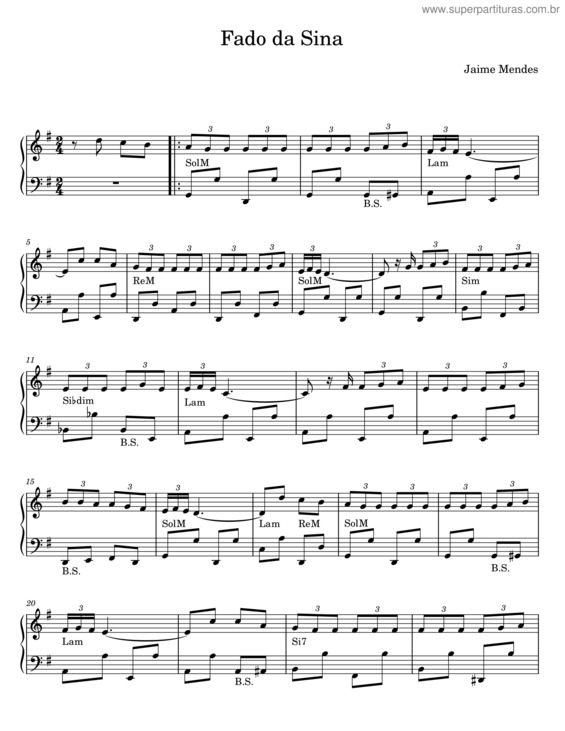 Partitura da música Fado Da Sina – Jaime Mendes