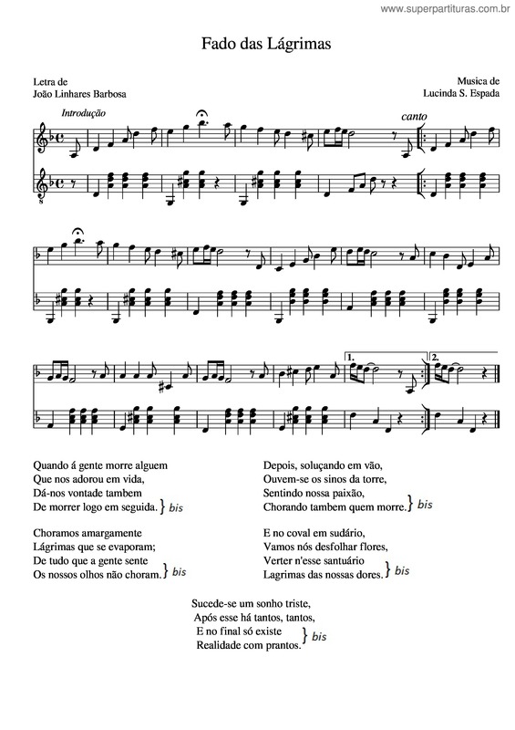 Partitura da música Fado Das Lágrimas – Lucinda S. Espada