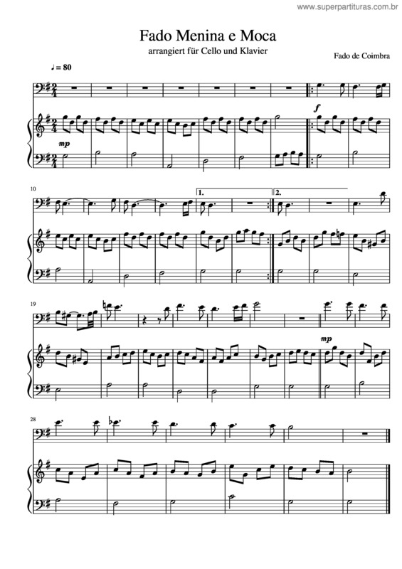 Partitura da música Fado Menina E Moca