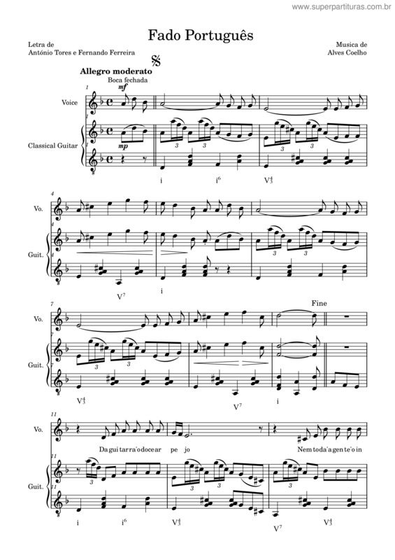 Partitura da música Fado Português – Alves Coelho
