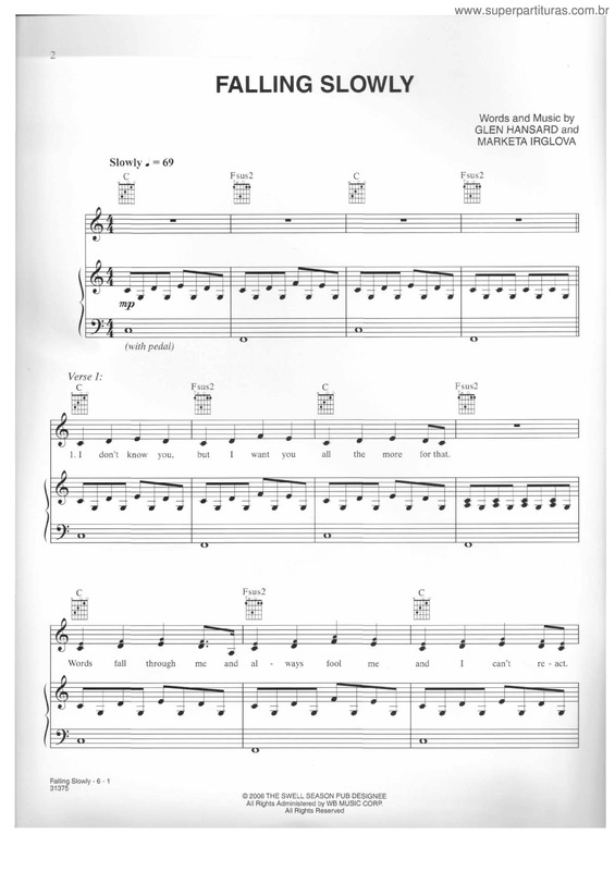 Partitura da música Falling Slowly